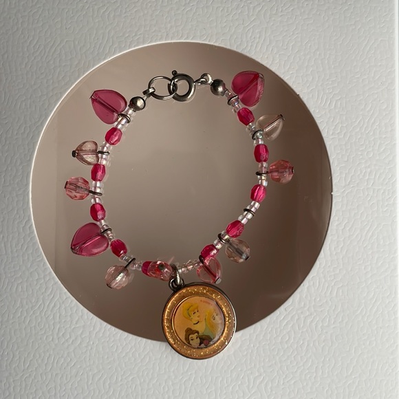 Vtg Y2K Disney princess bracelet Cinderella Belle & Rapunzel charm hearts pink